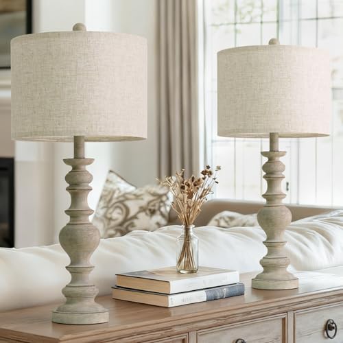 BOBOMOMO 27" Antique Gray Table Lamps Set of 2, Large Farmhouse Resin Lamps with Linen Shades, Vintage Gray Lamps for Living Room, Bedroom, or Console Table Rustic Traditional Décor
