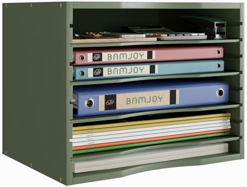 Bamjoy Bamboo 5 Tier Desktop Organizer, Paper Organizer Mail Sorter, File Holder Letter Document Storage with Adjustable Shelves for School Home Office, Forest Green