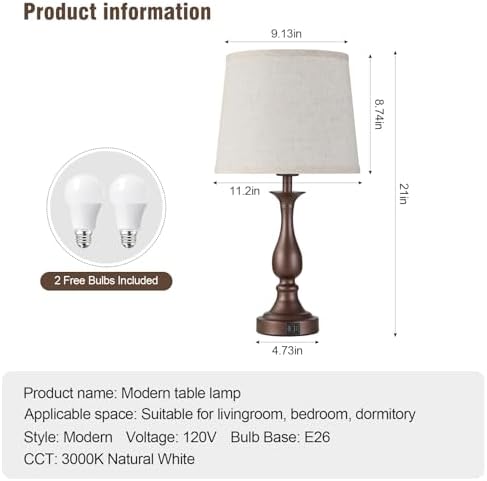 Bedside Table Lamp Touch Control Bedroom Lamps with USB A + C Charging Port 3 Way Dimmable Touch Lamps for Nightstand Living Room Bedroom Dorm Home Office Reading, Set of 2 (Beige Shade & Brown Base)