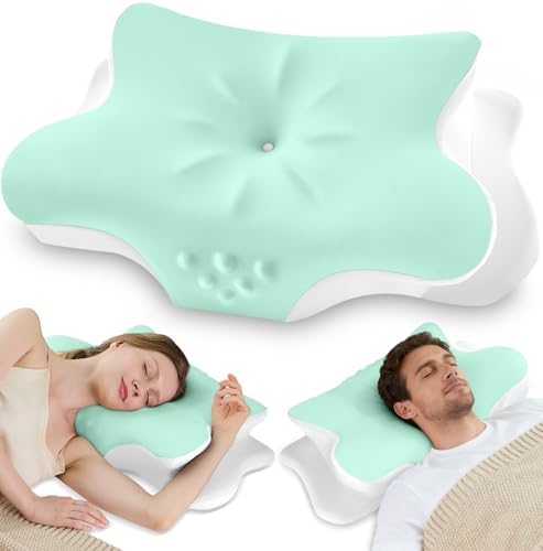 Cervical Neck Pillow for Pain Relief – Ergonomic Memory Foam Pillow for Side Sleeper Contour Orthopedic Bed Pillow for Neck Support with Cooling Cover – Ideal Christmas Birthday Gift for Women - Green