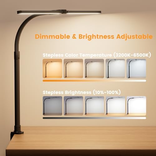 LED Desk Lamp for Home Office, 24W Computer Desk Light with Remote Control, Bright Table Lamp with Clamp Dimmable Tall Desktop Lighting with Bendable Gooseneck, Double Head, Black