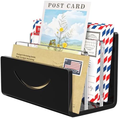 Mail Organizer Envelope Holder - 3 Compartments Black Acrylic Mail Holder Countertop Home Office Desk Organizer Small File Sorter Vertical Bill Letter Paper Document Storage Rack