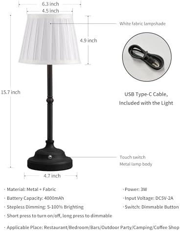 KDG Black Cordless Portable LED Table Lamp, White Fabric Shade Desk Lamp
