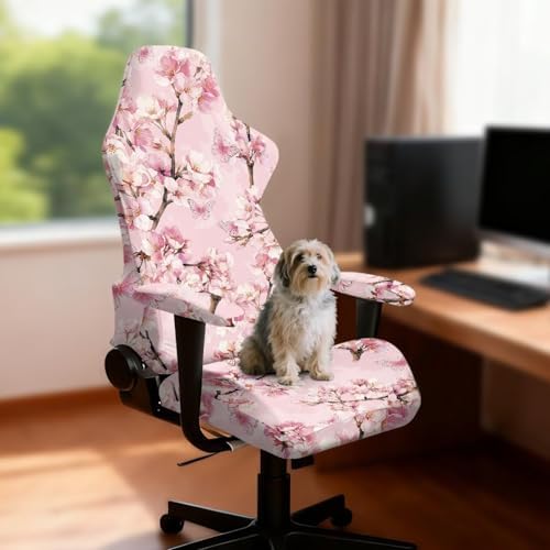 Pink Floral Gaming Chair Cover with Armrest Covers Cat Proof Stretchable Soft Gaming Chair Covers with Armrest Cover 4Pcs Slipcovers Non Slip Breathable Computer Chairs