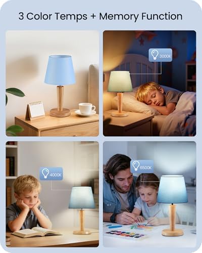 12" Wood Bedside Table Lamps Set of 2, Small Desk Lamps for Small Places, 3 Color Temperatures with Memory, Blue Linen Shade & E26 Bulbs, for Bedroom Living Room Office MU13TLP205
