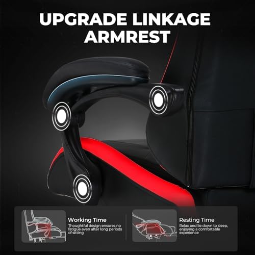 GTPLAYER Gaming Chair High Back Computer Chairs Rest for Adults, Ergonomic Height Adjustable Recliner Chair 300lbs with Linkage Armrest and Lumbar Support for Home Office, Red