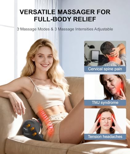 Neck Massager with Heat, Red Light & Vibration Adjustable, Heated Neck Stretcher with 3 Modes, Rechargeable Cervical Traction Device for Pain Relief & Muscle Relaxation, Gift for Women Men