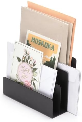 xympo Desktop Mail Organizer – 3-Slot Black Metal Letter Holder and Bill Sorter for Office and Home
