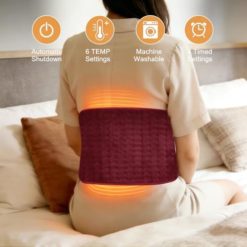 Electric Heating pad for Back Neck Shoulder Knee Arms Legs- Electric Heat Pads with 6 Heat Settings & Auto Shut Off &Dry/Moist Heat Heating Pad for Birthday Mother Father Girl Men Women, Dark Red