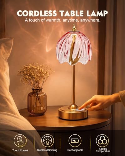Nusogon Cordless Flower Table Lamp, 5200mAh Small Rechargeable Touch Lamp