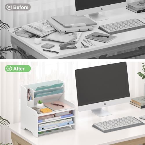 Bamboo File Organizer for Desk, Desktop Paper Tray and Mail Holder
