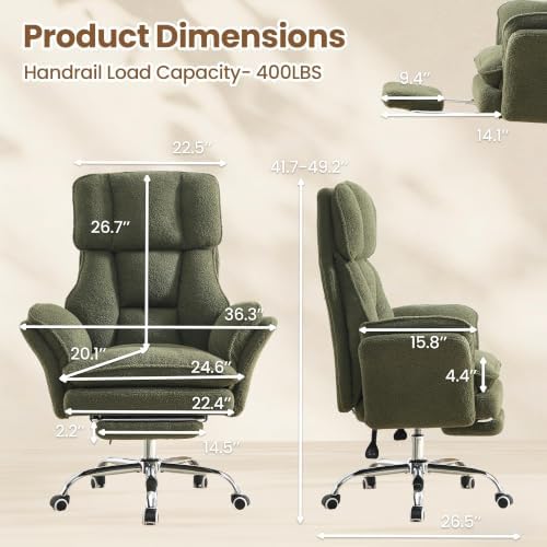 Big and Tall Office Chair with Flip Arms and Footrest, Teddy Criss Cross Legged Home Office Desk Chair with Pet Seat, Comfy Reclining Computer Gaming Chair, Green