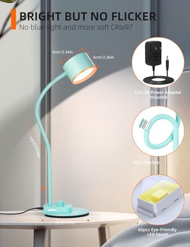 LiFMIRA Desk Lamp, Bedside Reading Lamp with USB C + A Charging Ports Teal