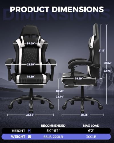 LUCKRACER Gaming Chair with Footrest, Pocket Spring Seat, 90°-135° Reclining Computer Chair with Linkage Armrests, Lumbar Support, Height Adjustment, SGS-Tested Gas Lift, 330 lbs Capacity, White