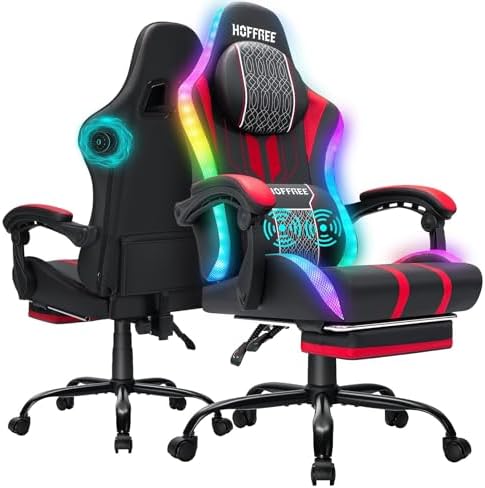 HOFFREE LED Gaming Chair with Bluetooth Speaker RGB Lights Game Chair-Red