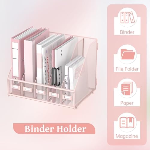 SUPEASY Desk Organizers Metal Desk Magazine File Holder with 5 Vertical Compartments Rack File Organizer for Office Desktop, Classroom, Home Workspace, Pink Plus