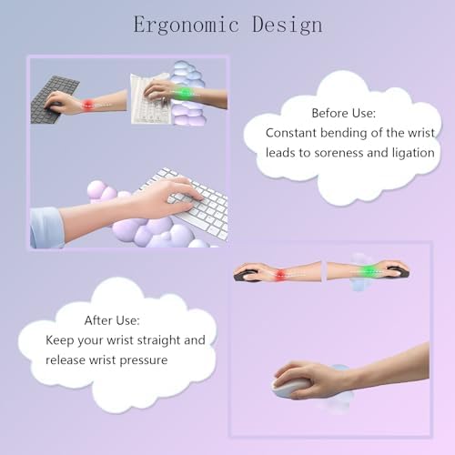 Cloud Mouse Pad and Keyboard Wrist Rest 4PCS Extended Large Desk Mat Pad Set Memory Foam Non-Slip Ergonomic Gaming Mouse Pad Wrist Support for Computer Laptop Home Office Cute Pink Blue Sky
