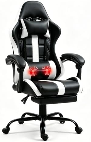 Gaming Chair with Ergonomic Footrest & Massage Lumbar Support, White
