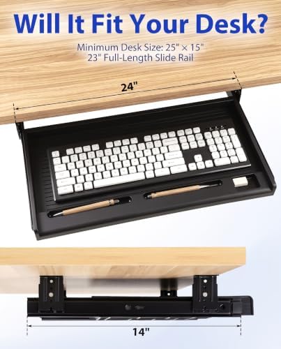 jojofuny Under Desk Keyboard Tray, Slide-Out Drawer with Pen Organizer