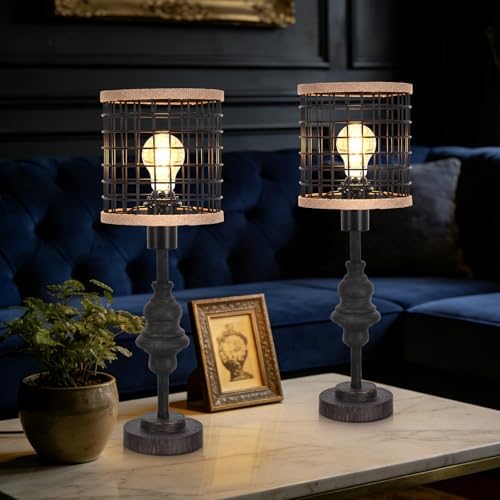 2 Pack Black Industrial Metal Mesh Table Lamp, 20" Tall Farmhouse Bedside Lamp with Burlap Trim, 5ft Brown Cord Rotary Switch, E26 Bakelite Socket for Bedroom Living Room