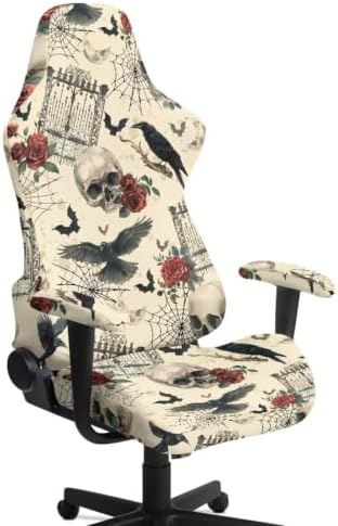 Halloween Vintage Skull Rose Gothic Gaming Chair Cover Stretchable Game Chair Slipcovers with 2 Armrest Covers, Scratch-Proof Gamer Desk Chair Covers for Computer Office Seat