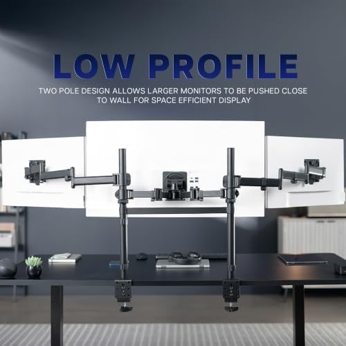 VIVO Clamp-on Dual Pole Triple Monitor Desk Mount for 1 Center Utrawide up to 49 inches and 59.4 lbs, 2 Side Screens up to 38 inches and 17.6 lbs, Low Profile Adjustable Stand, Black, STAND-V300CU