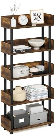 Furinno TURN-N-TUBE 5-Tier Display Shelf, Storage Shelves, Book Shelf, Open Shelves with Rounded Corner Top Edges, for Organization and Storage, Living Room, Home Office, Amber Pine