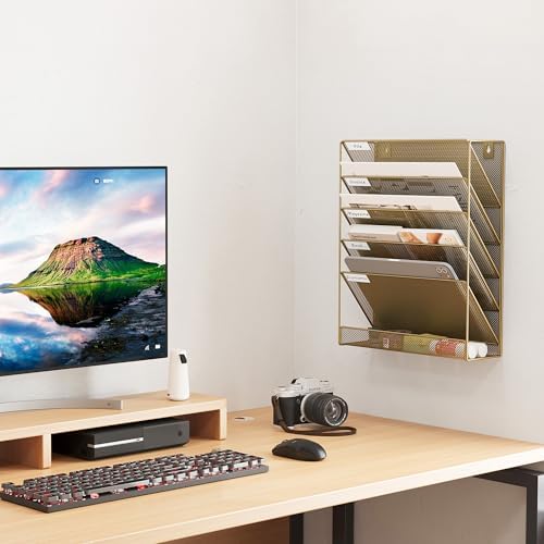 EasyPAG 5 Tier Wall File Holder, Mesh Hanging Folder Organizer with Classify Label, Versatile Desk File Holder, Vertical Wall Mounted Mail Organizer for Office Home Cubicle, Gold
