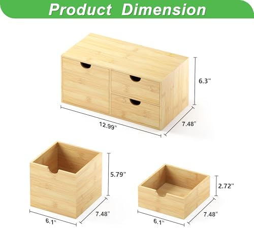 Bamboo Desk Organizer with Drawers, Desktop Storage Box for Office Supplies
