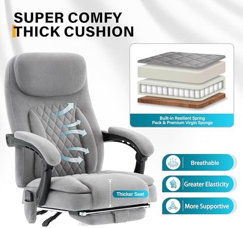 6-Point Massage Office Chair with Heated, Ergonomic Office Chair with Footrest & 45°Reclining High Back, Big and Tall Executive Office Chair 500LBS, Thick Cushion Desk Chair for Home Office, Grey