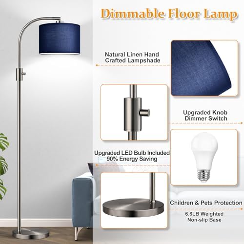 Nintiue Upgraded Modern Arc Dimmable Tall Standing Floor Lamp with Blue Shade, 1200 Lumens LED Bulb Included, for Living & Reading Room, Bedroom, Office & Nursery, Brushed Nickel