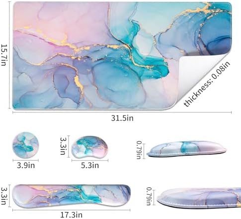 QiyI PU Leather Desk Mat Set, 4-in-1 Ergonomic Wrist Rest, Blue Pink Fluid