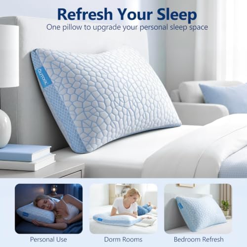 QUTOOL Enhanced Cooling Pillows for Sleeping, CertiPUR-US Shredded Memory Foam Pillows Queen Size Set of 1 for Hot Sleeper, Adjustable Bed Pillow for Side, Back, Stomach Sleepers Support Yet Soft Blue