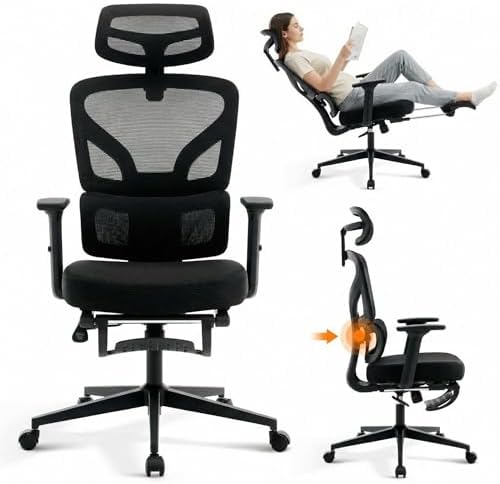 Ergonomic Mesh Office Chair with Footrest, 135° Reclining, Black