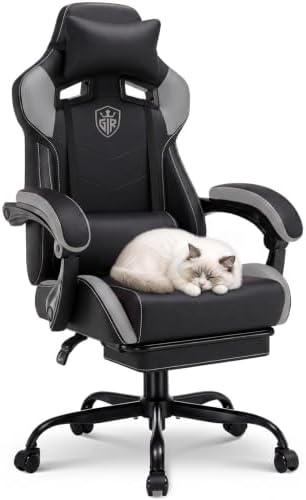 GTPLAYER Gaming Chair with Footrest, High Back Computer Chairs for Adults with Linkage Armrest Lumbar Support Heavy Duty 350lbs Ergonomic Swivel PC Game Chair for Office, Grey