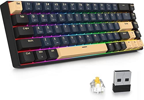 surmen GT68 65% Wireless Mechanical Gaming Keyboard 60 Percent RGB Hot-Swappable 68-Key Compact Keyboard Bluetooth5.0/2.4G/USB with Yellow Switch (Yellow Switch, Blue Samurai 68)