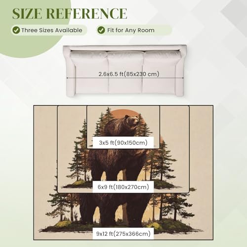 Serene Bear Standing Tall Pine Forest Warm Earth Tones Area Rug Outdoor Patio Rug Play Mat Modern Floor Carpet Non-Slip Home Decor Living Room Kids Bedroom Nursery, 9x12 ft