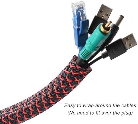 Cable Management Sleeve, Split Design, 10FT - 1/2 Inch, Black/Red