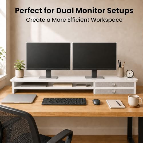 Dual Monitor Stand, 42.5 Inch Wood Monitor Riser with Drawers, 2 Tier Desktop Organizer for Computer Laptop TV, Large Screen Stand for Home Office Desk