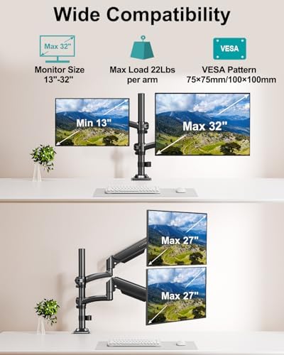 Dual Monitor Stand for 2 Screens up to 32 inch, Vertical Stacked Dual Monitor Mount, Full Motion Adjustable Tall Double Monitor Desk Mount, Each Arm Holds 4.4-22lbs, VESA 75/100mm, Black, Freelift