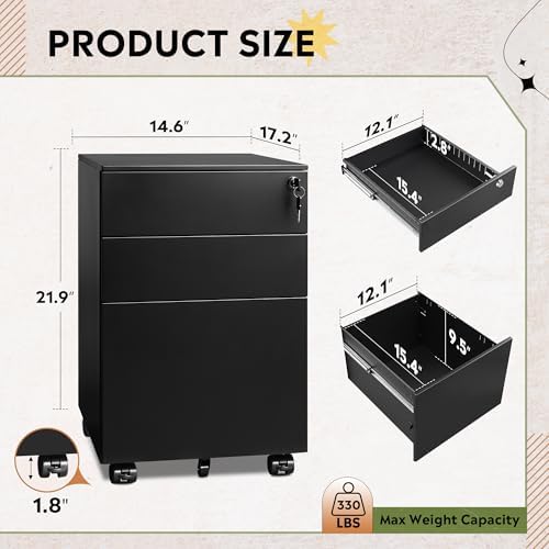 DEVAISE 3 Drawer File Cabinet with Lock, Fully Assembled Except Casters