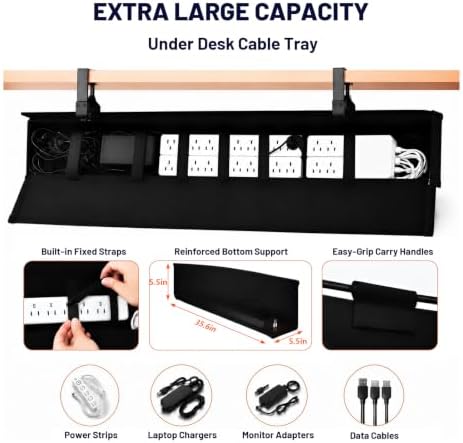 Under Desk Cable Management Tray 28" No Drill Cord Organizer 70lbs Metal