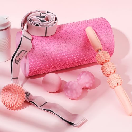 Seenelling 6 Pcs Muscle Foam Roller Set Massage Ball Stick Strap, Pink