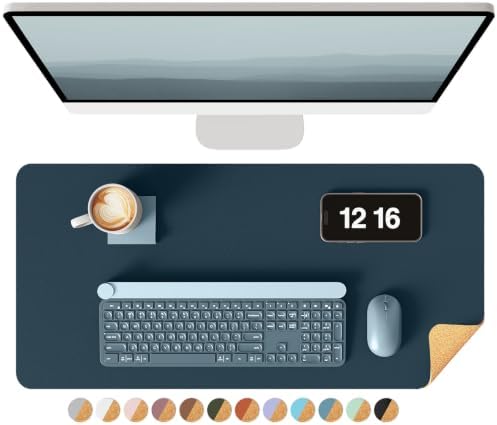YSAGi Double-Sided Desk Pad, 23.6"x13.7"Leather Desk Mat, Eco Cork Desk Pad Protector,Large Mouse Pad,Waterproof Desk Blotter for Office/Home(Dark Blue)
