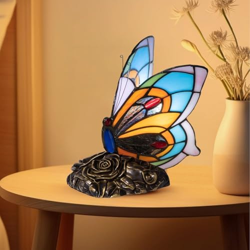 Tiffany Style Butterfly Lamp - Stained Glass Table or Desk Light LED Bulb Included - Colorful Vintage Look Butterfly Decor for Bedroom Living Room Office
