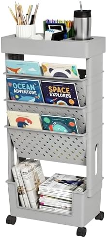5-Tier Rolling Bookshelf Magazine Rack with Wheels Gray