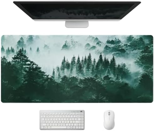 Extended Misty Forest Desk Mat, XXL Large Gaming Mouse Pad, Tree Woodland Nature Stitched Edges Waterproof with Non-Slip Rubber Base for Computer Keyboard Laptop Work Home Office 35.4"x15.7"