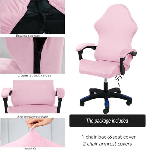Gaming Chair Cover Set with Armrest Covers, Velvet Stretch Slipcover 1-Piece Form Fit Cover & Chair Armres Covers Included（no Chair） (Pink)