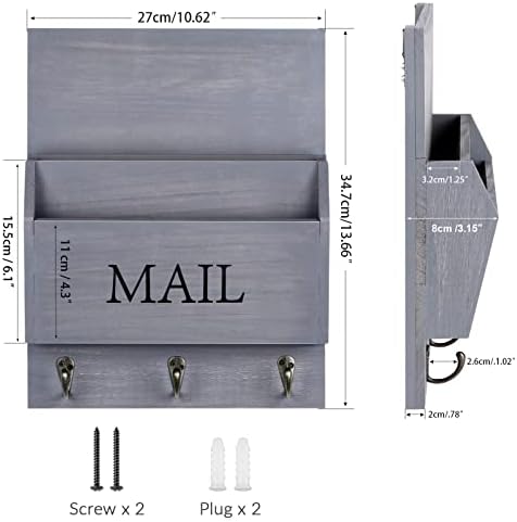 DLQuarts Solid Wood Mail Organizer with Key Holder for Wall, Mail Sorter Wall Mounted, Decorative Wooden Key and Mail Holder with 3 Hooks, Weathered Gray