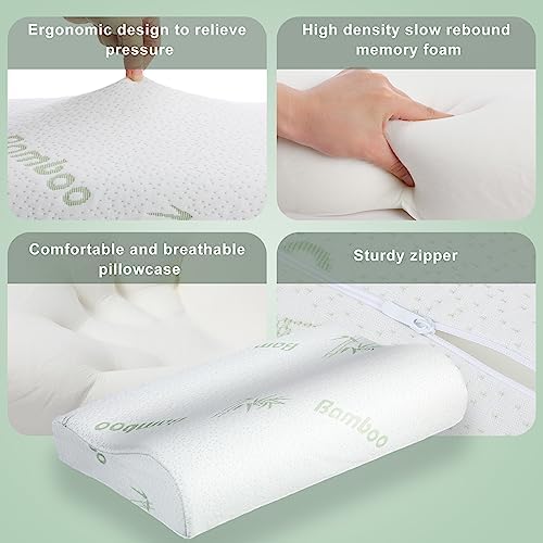 FairySandy 2 Pack Memory Foam Pillow Neck Support Orthopedic Sleeping Pillow Ergonomic for Shoulder Pain Side Back Stomach (Bamboo Fiber)
